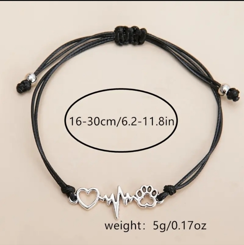 NWT Adjustable Black Rope Bracelet - Dog Paw and Heart Braid - Picture 4 of 6